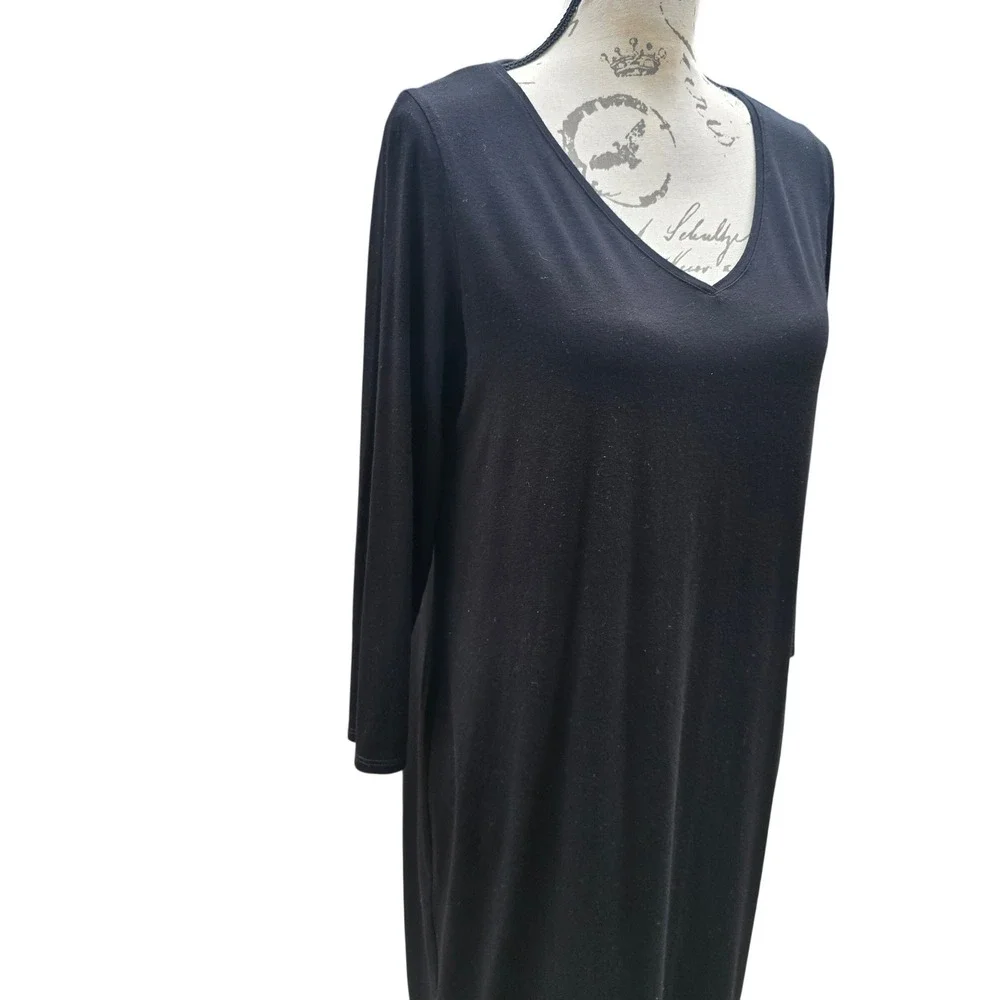 Eileen Fisher‎ 35P  Black Viscose Spandex V-Neck Long Sleeve Shift Dress Size M